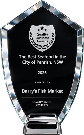 Barry's glass trophy: Quality Business Awards, The Best Seafood in the City of Penrith, NSW, 2026, awarded to Barry's Fish Market, quality rating over 95%